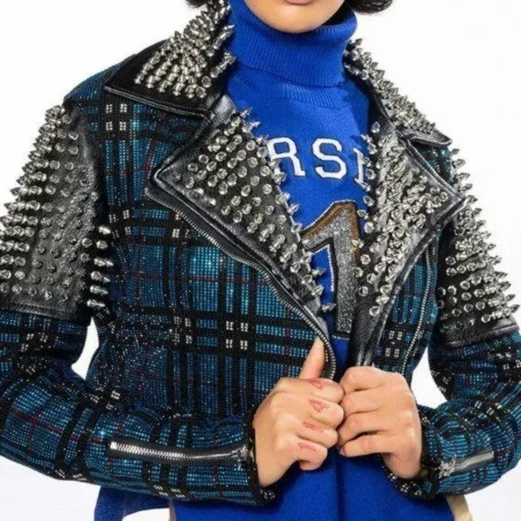 Callie Berry Bling: Teal Plaid Rhinestone Silver Studded Black Moto Jacket - Picture 7 of 12